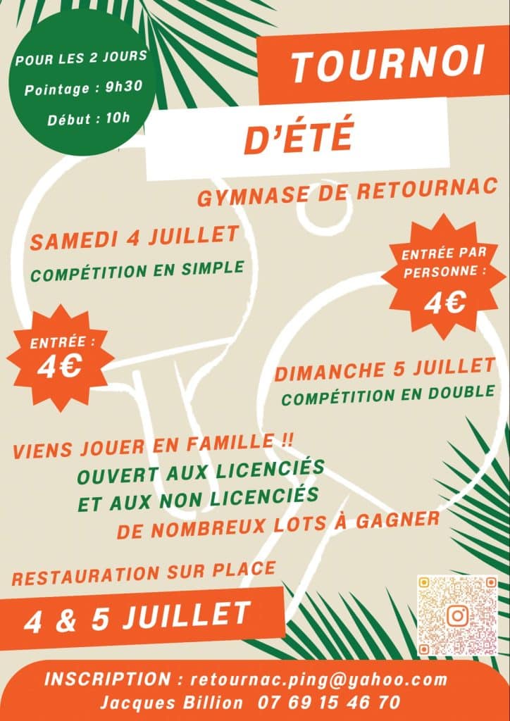 Tournoi d’été de tennis de table à Retournac les 4 et 5 juillet